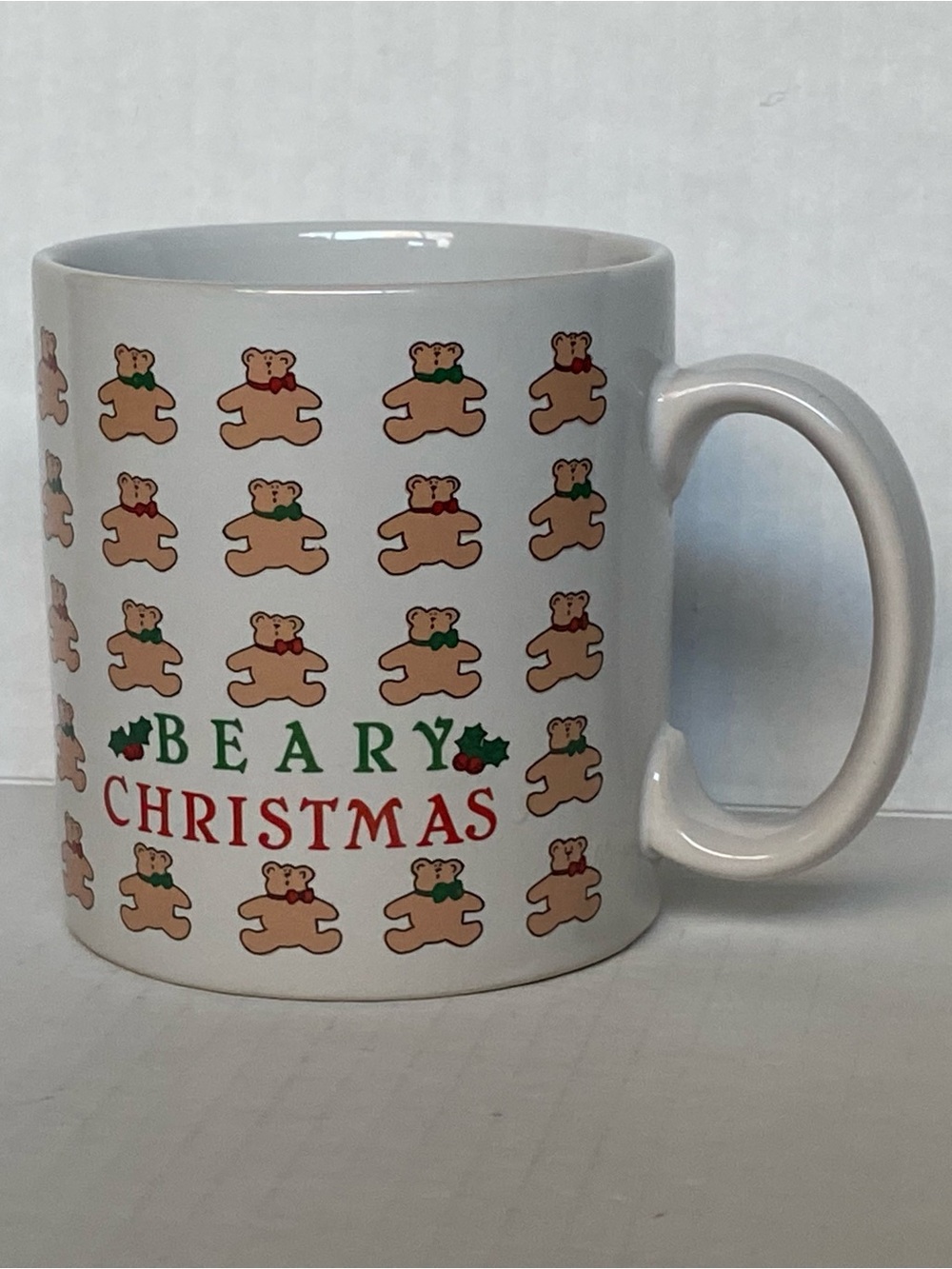 Russ Berrie Beary Christmas Mug Ceramic Coffee Cup Bears Vintage Bow Ties Bear